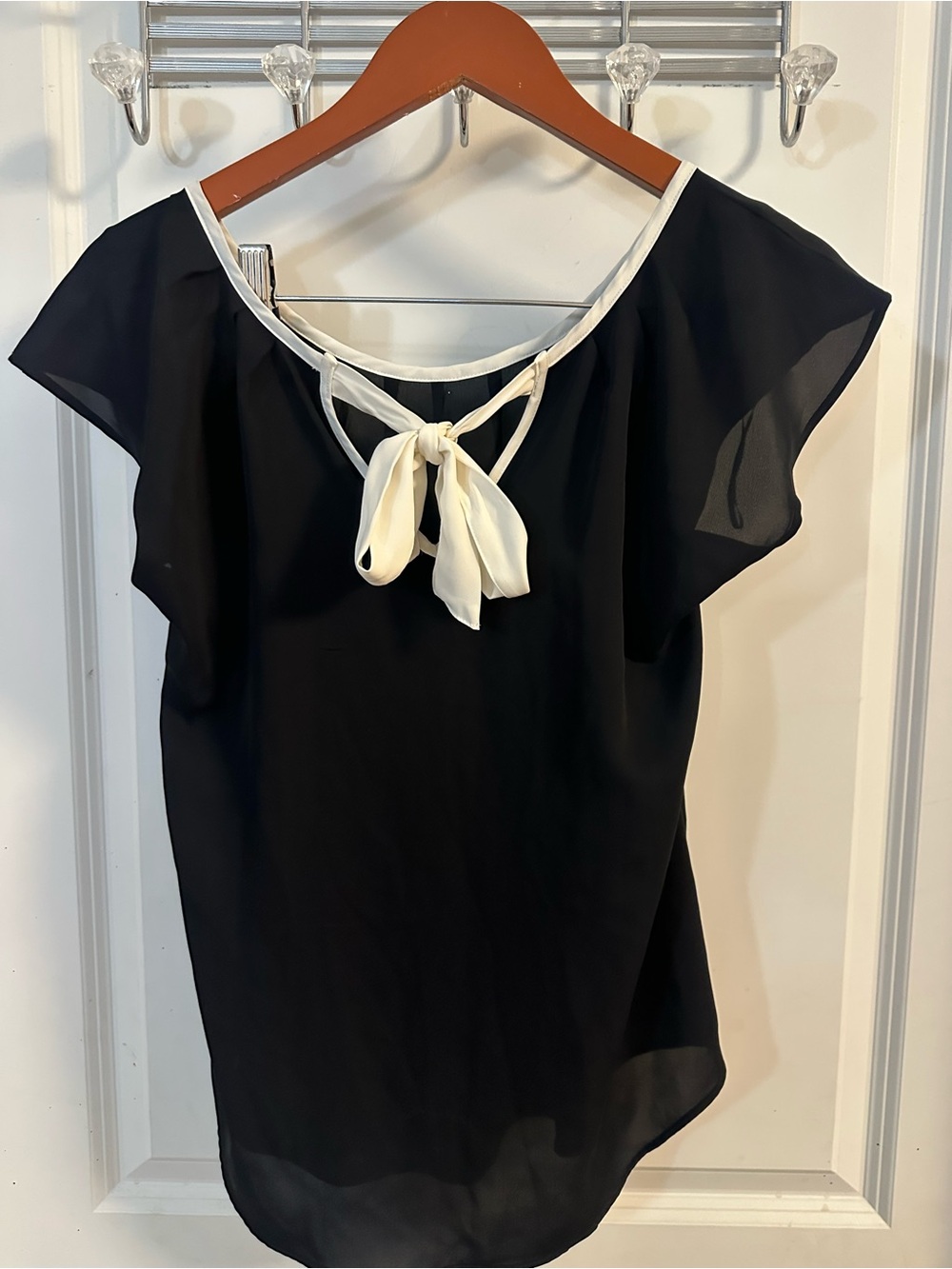 LC Lauren Conrad Black Blouse with White Tie-Neck